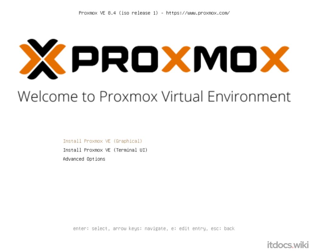 Willkommensbildschirm des Proxmox Virtual Environment (VE) Installer mit Optionen zur Installation im grafischen Modus, im Terminal UI und erweiterten Optionen.