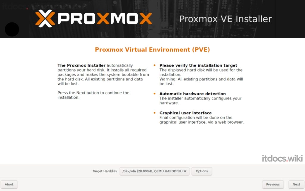 Screenshot des Proxmox VE Installers mit Anweisungen zur Installation und Bestätigung des Ziel-Laufwerks.
