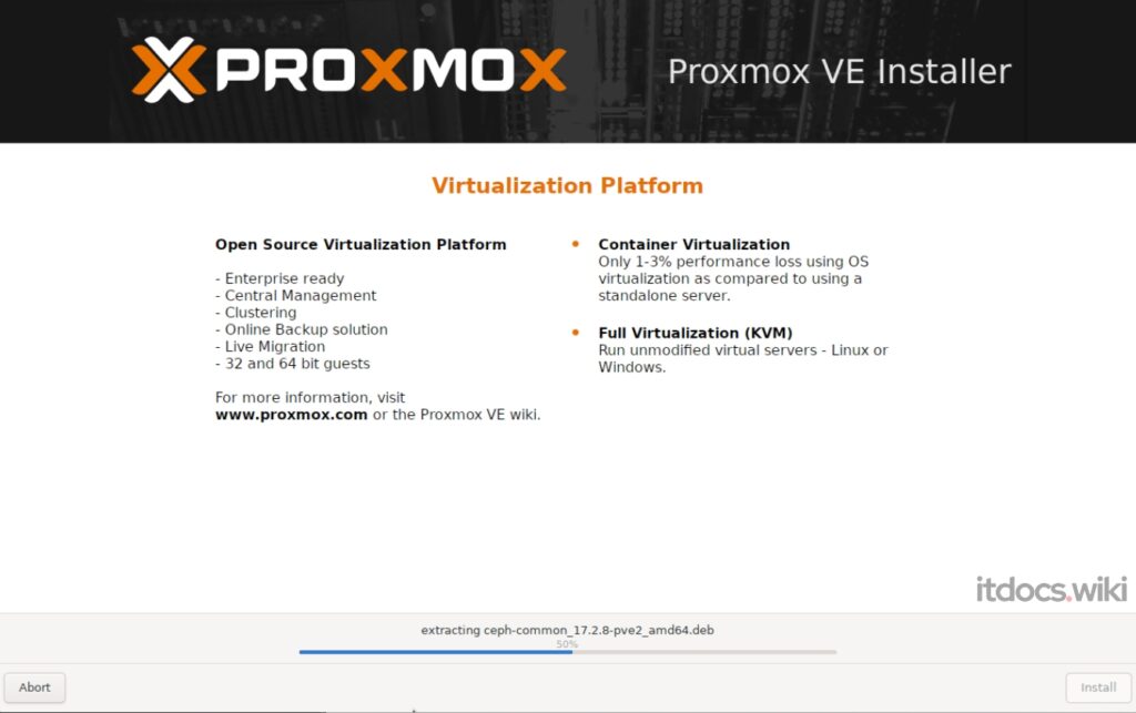 Proxmox VE Installer-Bildschirm mit Informationen zur Virtualisierungsplattform, einschließlich Container- und vollständiger Virtualisierung. Ein Fortschrittsbalken zeigt den Installationsstatus an.